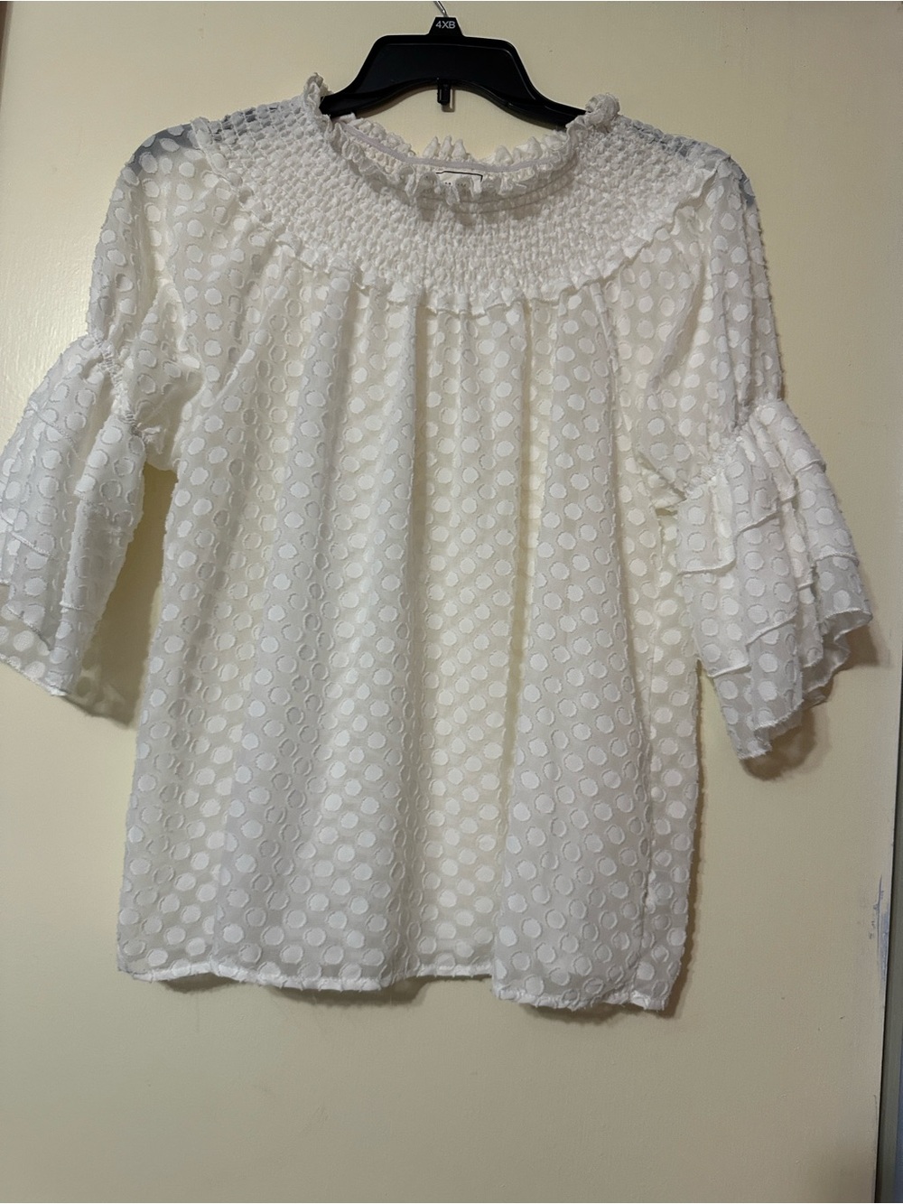 Women's White Swiss Dot Smocked Yoke Blouse with Ruffle Sleeves